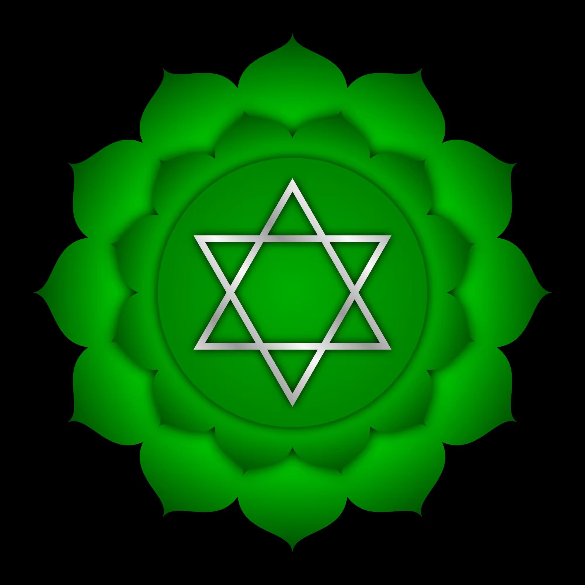 green flower pattern with heart chakra symbol in the middle