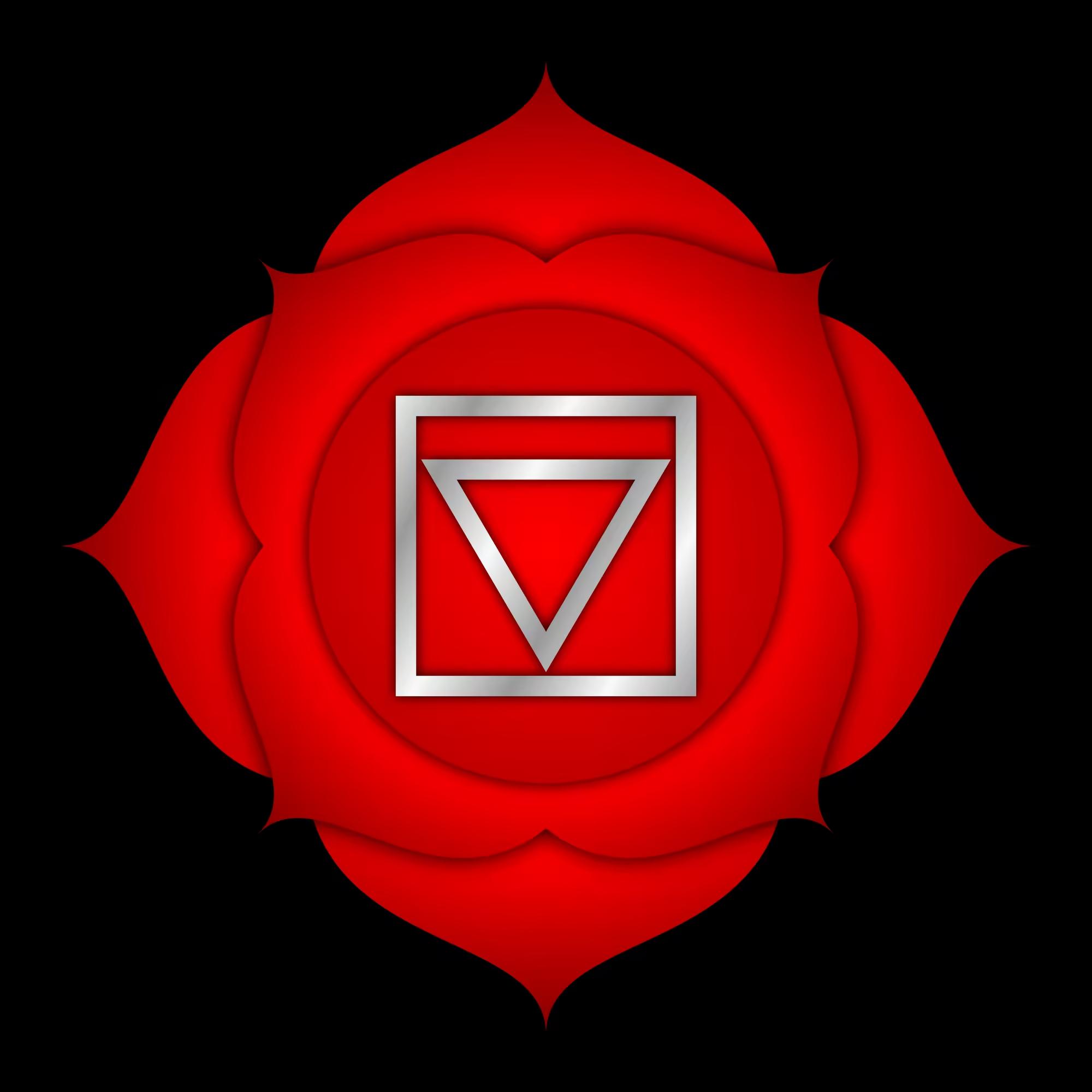 red flower pattern with root chakra symbol in the middle